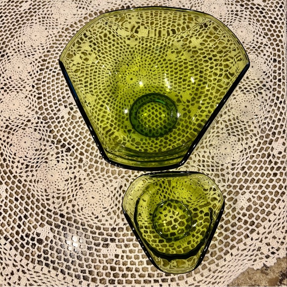 Indiana Glass Modern Tri Top Chip Dip Bowls Avocado Green Glass 1960s - Picture 4 of 8